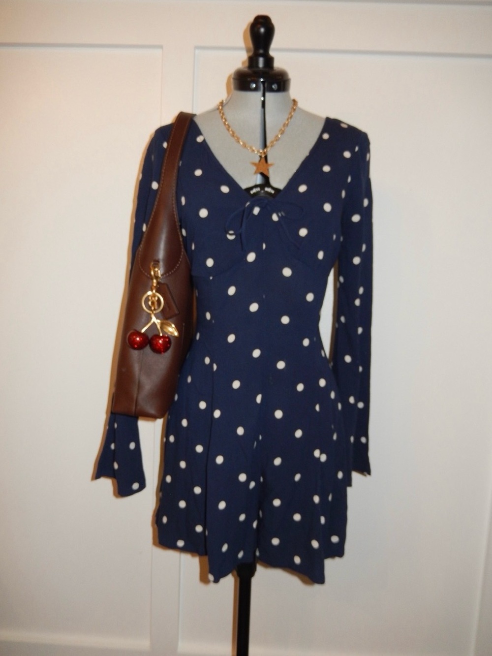 Trendy American Eagle Polka Dot Long Sleeve Fit-and-Flare Dress